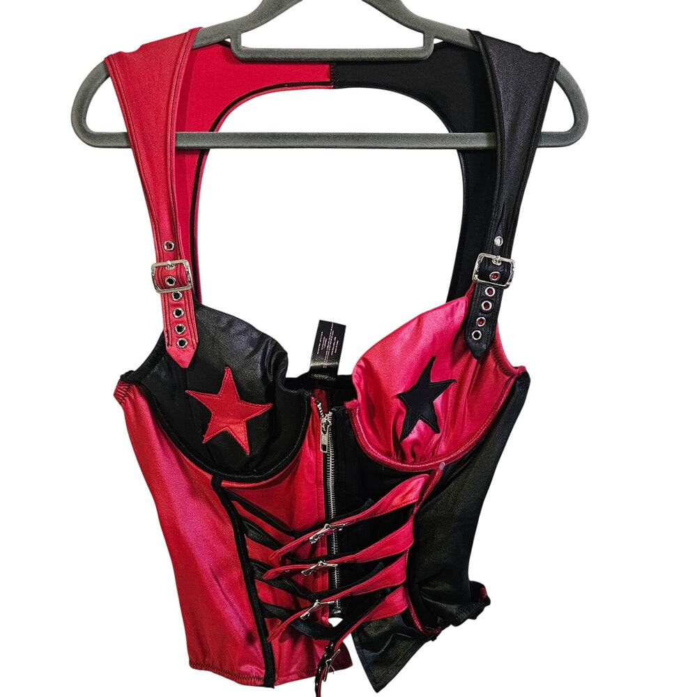 Dolls Kill Harley Quinn 2Pc Costume Red Black Corset & Pants Halloween Cosplay